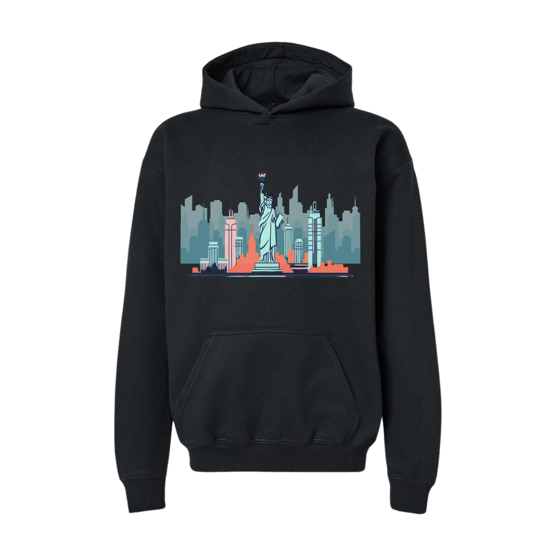 New York City: Iconic Skyline with Statue of Liberty & Empire State Building- Hoodie