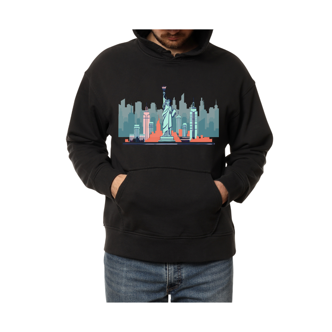 New York City: Iconic Skyline with Statue of Liberty & Empire State Building- Hoodie