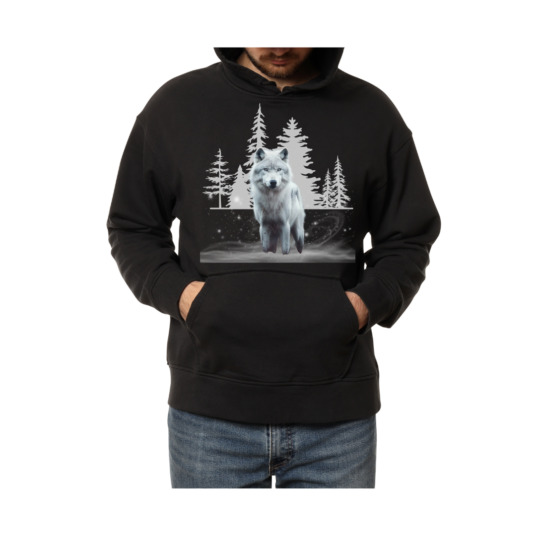 White Arctic Wolf in Autumn Forest- Hoodie